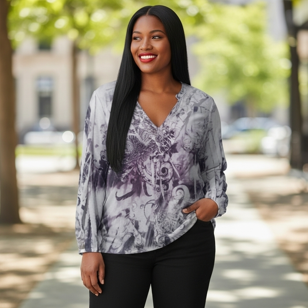CLEARANCE Mushka by Sienna Rose Gray & White Ruffled Neck Top